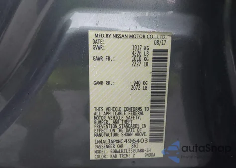 2017 Nissan Altima 2.5 Sr from USA, damaged, VIN 1N4AL3APXHC496403
